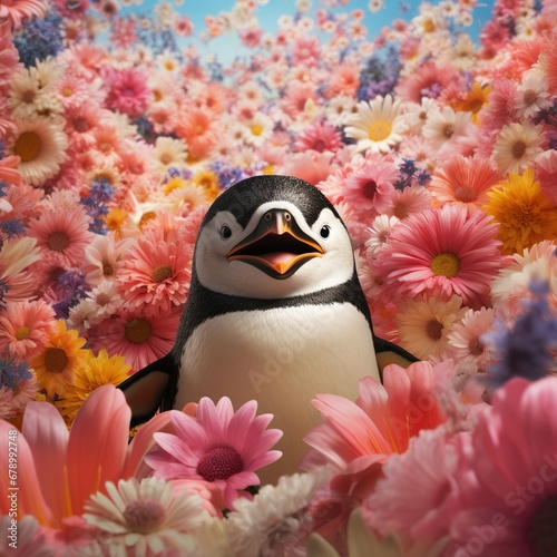 Happy Penguin Amongst Seasonal Flower Decor