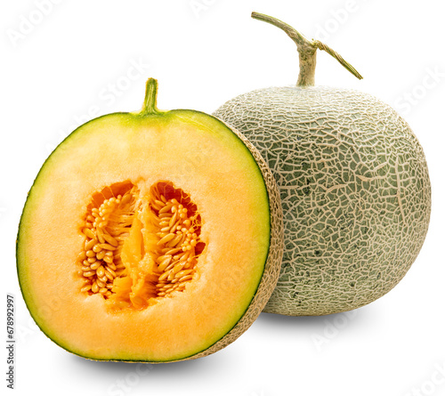 Cantaloupe melon cut in half on white background. Sweet Orange Melon isolate on white with clipping path.