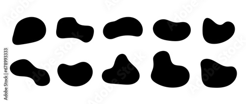 Abstract organic shapes collection. Irregular liquid forms set. Black amoeba blobs, blotches, drops and stains bundle. Different design elements for label, sticker, banner, speech bubble. Vector pack