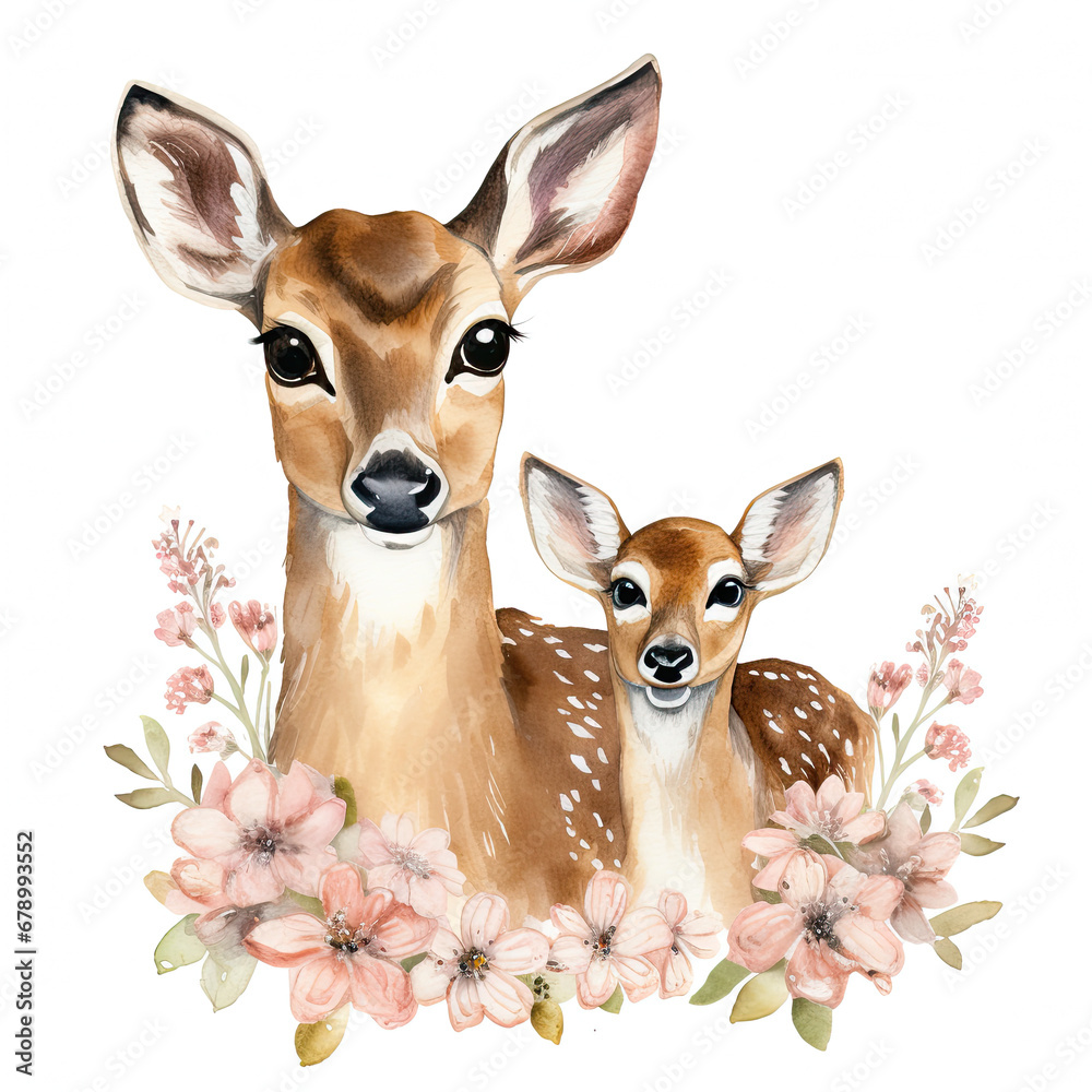 Cute mom and baby deer with flower Illustration, Generative Ai Cute mom and baby deer with flower Illustration, Generative Ai
