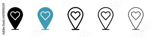 Wedding destination Location vector line icon set in black and white color. Location pin with heart illustration. photo