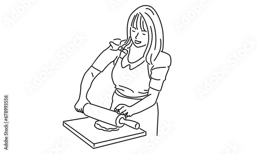 line art of woman rolling dough with rolling pin
