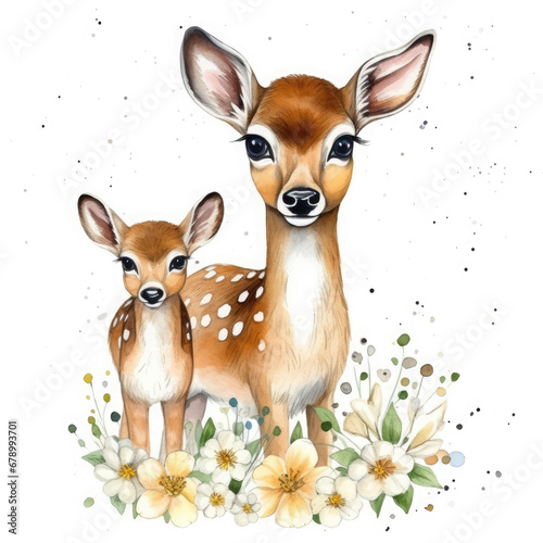 Cute mom and baby deer with flower Illustration, Generative Ai © Creative Artist