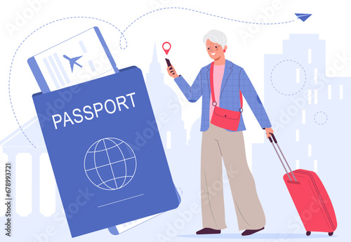 Active older woman traveling, abroad Voyage. Gray-haired woman holding luggage. Elderly people traveling concept. Passport and plane tickets.
