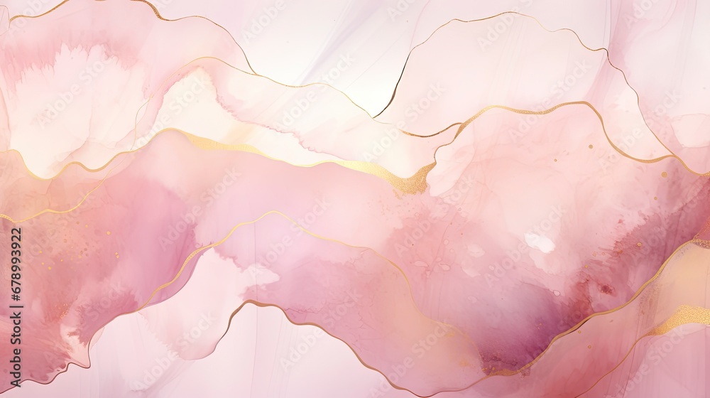 Pastel Pink Liquid Watercolor Background with Golden Cracks for Wedding Invitations.