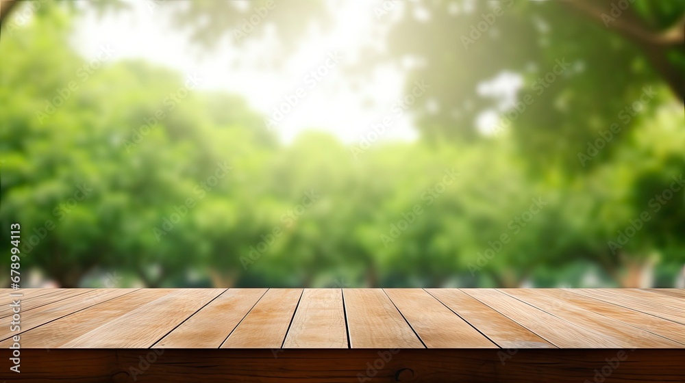 Wooden Table Top with Blurred Green Park Garden as Background.