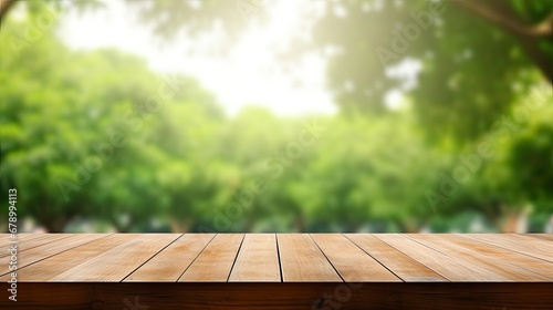 Wooden Table Top with Blurred Green Park Garden as Background. © Anamul Hasan