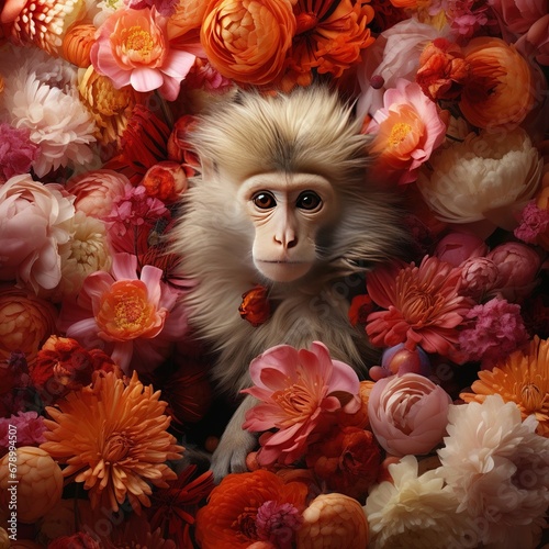 Playful Monkey Amidst Holiday Flower Arrangements © Man888