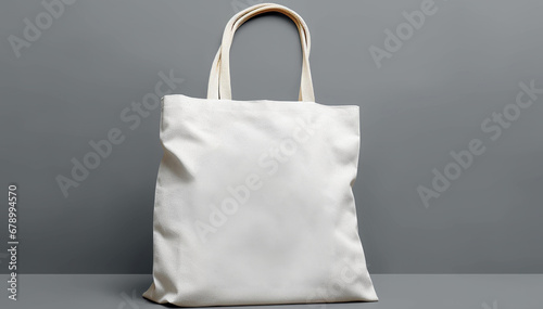 Mockup shopper tote bag handbag on isolated grey background. White tote-bag. Copy space shopping eco reusable bag. Grocery accessories. Template blank cotton material canvas cloth. Tote mockup. photo