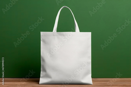 Mockup shopper tote bag handbag on isolated green wall background. Copy space shopping eco reusable bag. Grocery accessories. Template blank cotton material canvas cloth. Tote bag mockup.