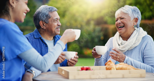 Caregiver, laughing or senior people with coffee for bonding or talking in park or nature to relax. Support, tea drink or happy woman with funny nurse or elderly man speaking of gossip in discussion