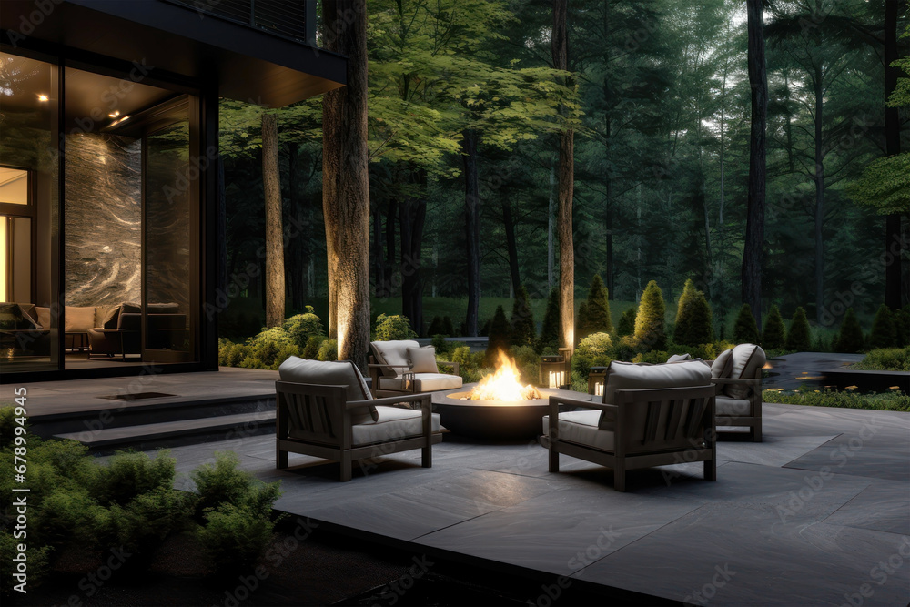 Forest Retreat. A modern patio with a fire pit nestles in a tranquil wooded landscape - obrazy, fototapety, plakaty 