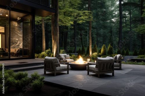 Forest Retreat. A modern patio with a fire pit nestles in a tranquil wooded landscape photo