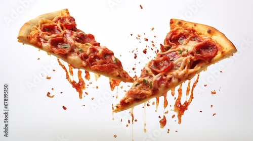 Two tempting hot pizzas descending from above, front view, set against a clean white background.