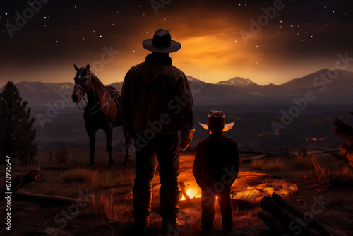 Dad Son Boy Father Cowboy Hat Horse Sunset Campfire Fire
