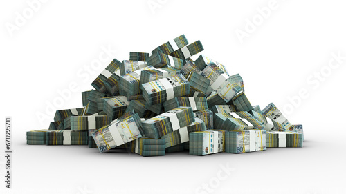 Big pile of bundles of Saudi Riyal notes isolated on transparent background. 3d rendering of stacks of cash