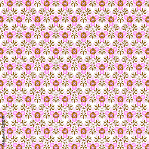 Cute delicate pattern of pink and brown geometric floral, berry and foliage motifs on a white