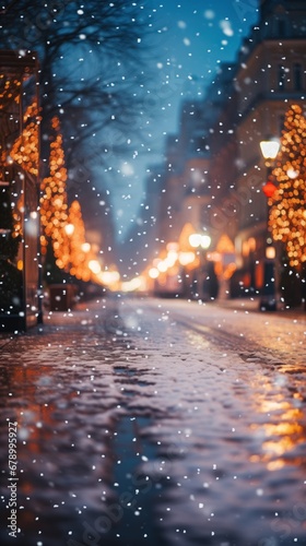 Bokeh background of a winter city street with snow decorated with garlands before Christmas
