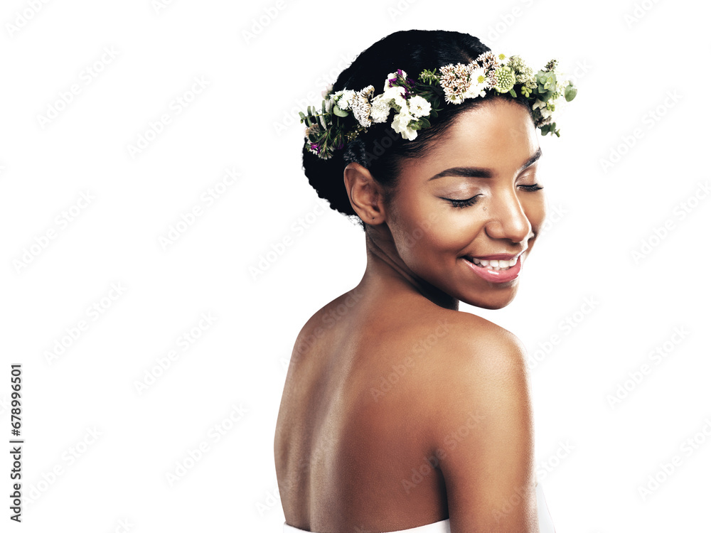 Beauty, smile and flower crown with a natural black woman isolated on transparent background. Skincare, wellness and wreath with a happy young model on PNG for health, sustainability or cosmetics