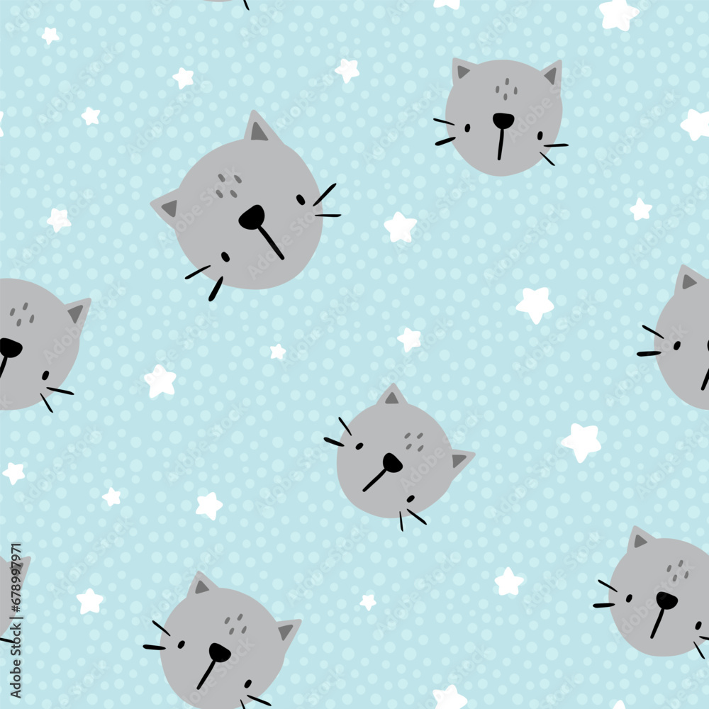 cute kitten hand drawn face in the blue sky with kawaii stars and polka dot texture background, kids seamless pattern for boy and girl, fabric and textile design