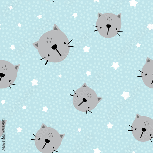 cute kitten hand drawn face in the blue sky with kawaii stars and polka dot texture background, kids seamless pattern for boy and girl, fabric and textile design