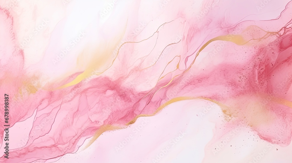 Pastel Pink and White Abstract Background with Golden Cracks in Alcohol Ink Art Style.