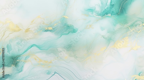 Cyan Mint and Teal Turquoise Marbled Background with Golden Lines and Brush Stains.