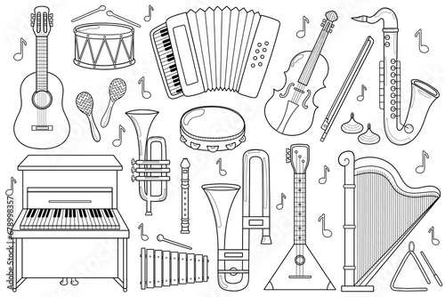 Musical instruments black and white set. Collection with doodle music elements in outline. Great for coloring page. Vector illustration
