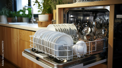 Open door of dishwasher. Clean plates and dishes in the dishwasher