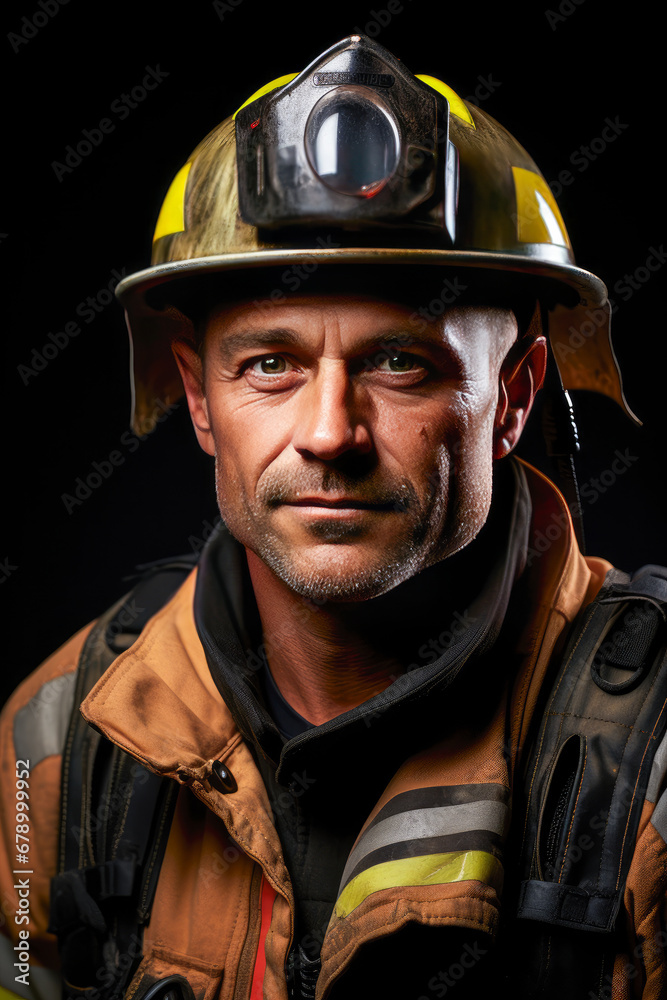 Portrait of Handsome fireman in workwear looking at camera. Portrait of brave, serious male firefighter in protective helmet, on gray background. Concept of profession, work. Portrait of Handsome fireman in workwear looking at camera. Portrait of brave, serious male firefighter in protective helmet, on gray background. Concept of profession, work.