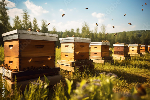 Bee apiary in open space. Generative AI © Artsiom P