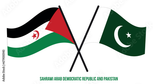 Sahrawi and Pakistan Flags Crossed And Waving Flat Style. Official Proportion. Correct Colors.