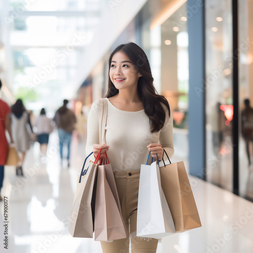 Asian young woman holding shopping bags walk and cheerful enjoy smiling while doing shopping in boutique department store mall