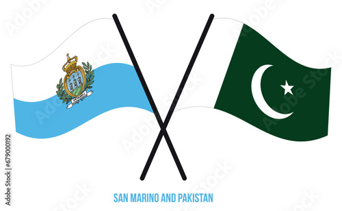 San Marino and Pakistan Flags Crossed And Waving Flat Style. Official Proportion. Correct Colors.