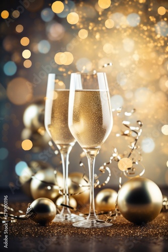 Champagne Glass, bokeh Christmas garland lights. Celebration of New Year