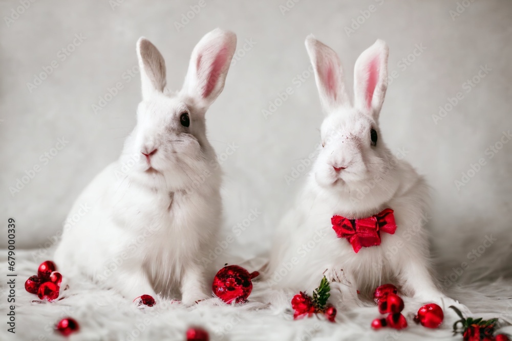 Fototapeta premium Rabbit Santa white and Christmas tree.backgrounds 