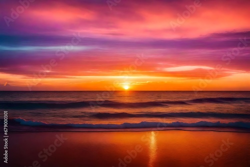 Photo of sunset over a calm ocean  with hues of orange  pink  and purple painting the sky