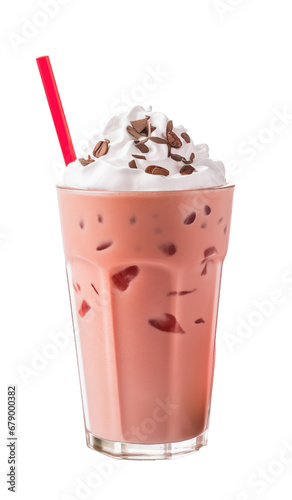 red watermelon smoothie in a tall glass decorated with piece of watermelon isolated white background