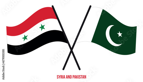 Syria and Pakistan Flags Crossed And Waving Flat Style. Official Proportion. Correct Colors.