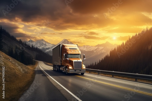 Truck or lorry is on the road highway in mountain at sunset