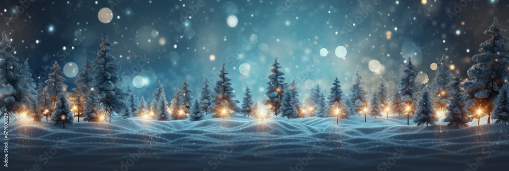 Christmas background with Christmas trees and bokeh light, banner