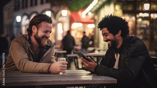 Happy two man laughing siting in outdoor restaurant at night