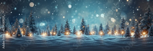 Christmas background with Christmas trees and bokeh light, banner © leriostereo