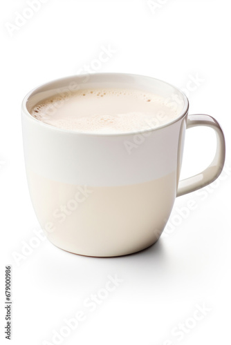 Mug of hot milk on white background