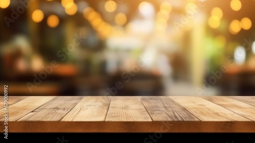 The empty wooden table top with blur background of cafe. Exuberant image. generative ai