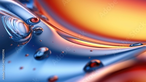 The close up of a glossy liquid surface abstract in red, yellow, and blue colors with a soft focus. 3D illustration of exuberant. generative AI