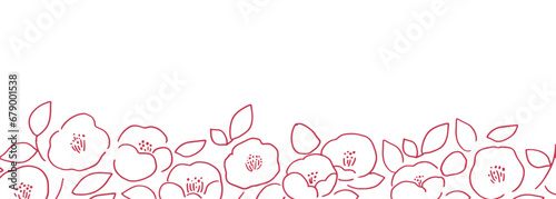 椿の花フレーム。年賀状に使える椿の和風素材。シンプルな椿の線画イラスト。Camellia flower frame. Japanese-style camellia material for New Year's cards. Simple line drawing of camellia.