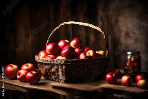 a wooden basket filled with red apples on top of a table 