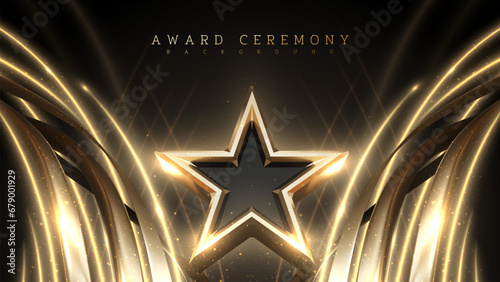 Award ceremony background with 3d gold star and ribbon element and glitter light effect decoration.
