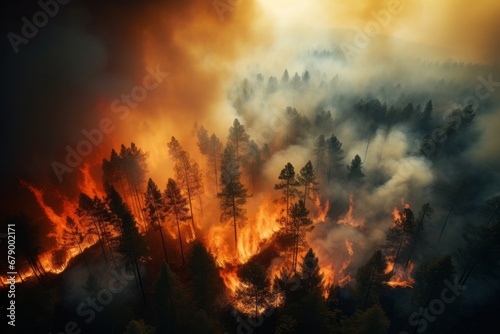 Aerial view of a pine forest fire with flame and smoke © leriostereo